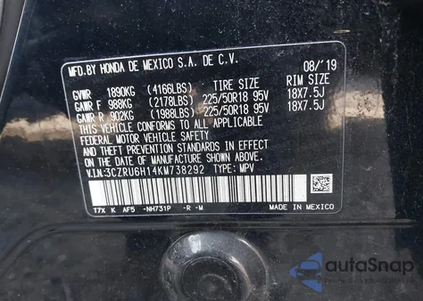 2019 Honda Hr-V Sport z USA, uszkodzony, nr VIN 3CZRU6H14KM738292